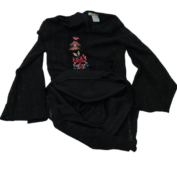 Flying Tomato Aztec Boho Tunic Top Mini Dress Long Bell Sleeve Sz M Black Lace - Picture 9 of 16